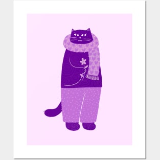 Cute purple cat with heart scarf and flower Posters and Art